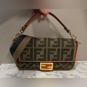 Fendi Baguette Embroidered Zucca Canvas Olive Green Medium